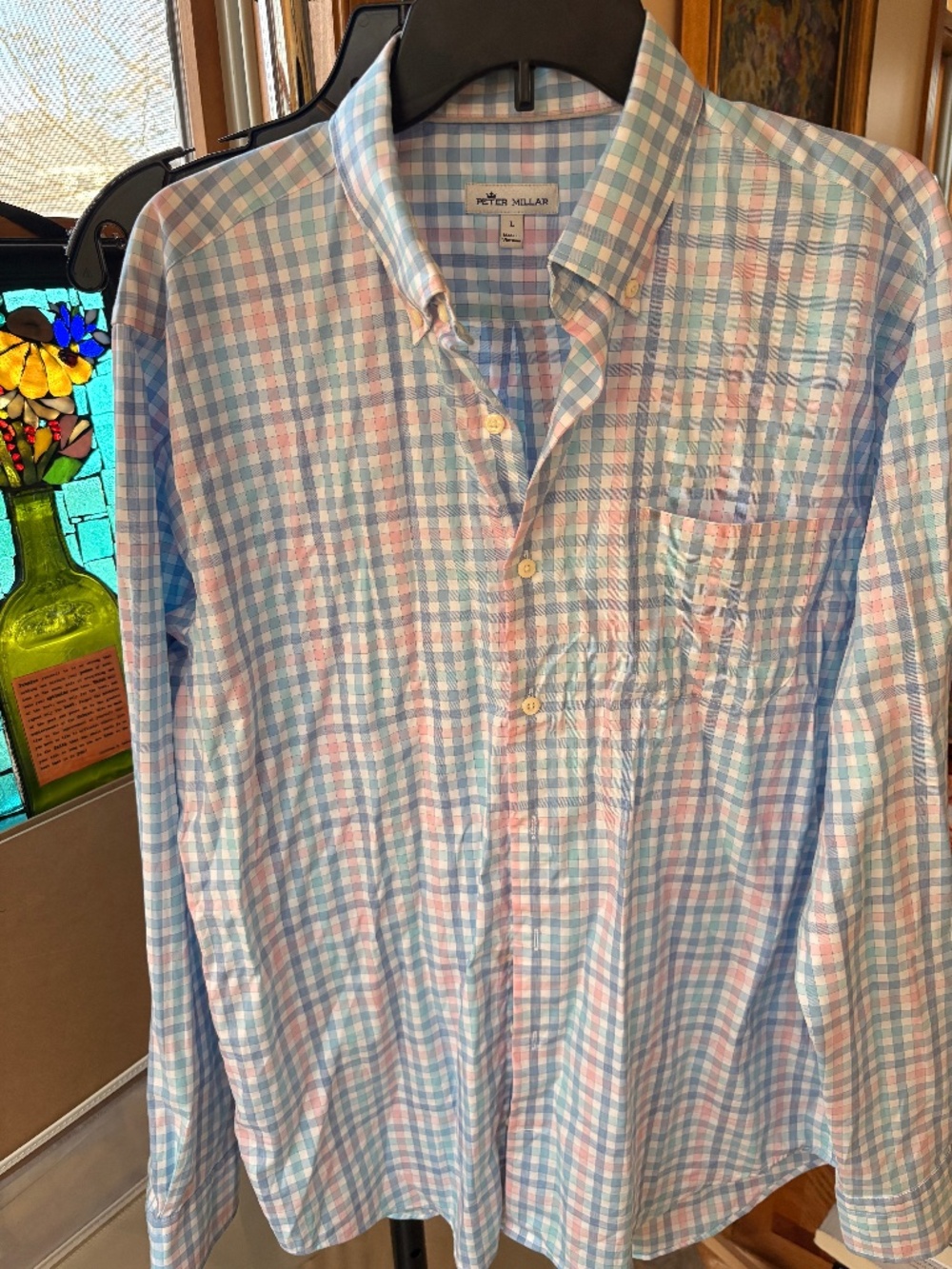 Peter Millar Performance Button Down Shirt Mens Medium Blue Pink Gingham Plaid L